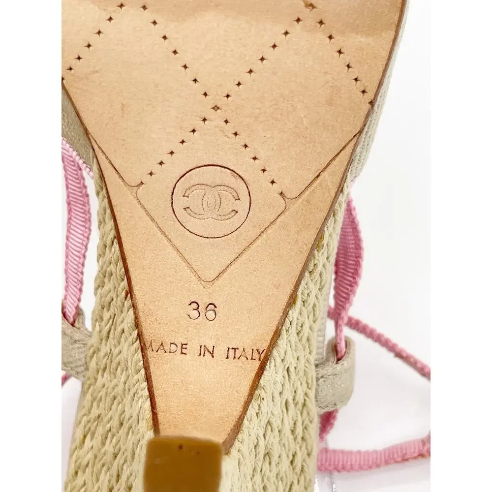 Chanel Vintage Beige Canvas Pink Grosgrain CC Bow Strappy Sandals Heels EU 36